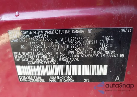 2014 Toyota Rav4 Xle z USA, uszkodzony, nr VIN 2T3WFREV7EW127512